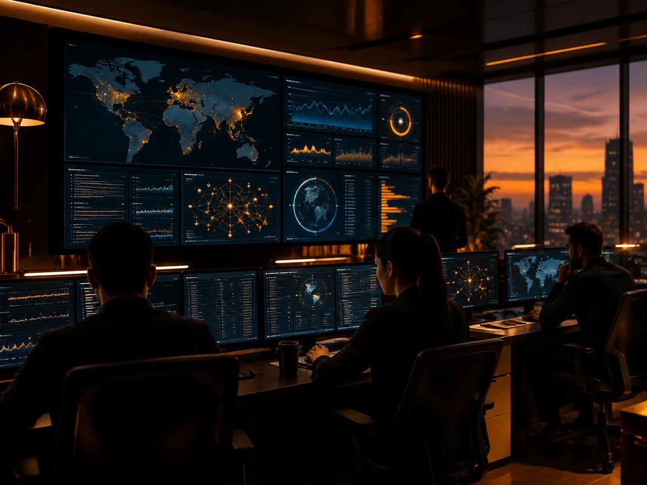 Security operations room with global monitoring dashboards