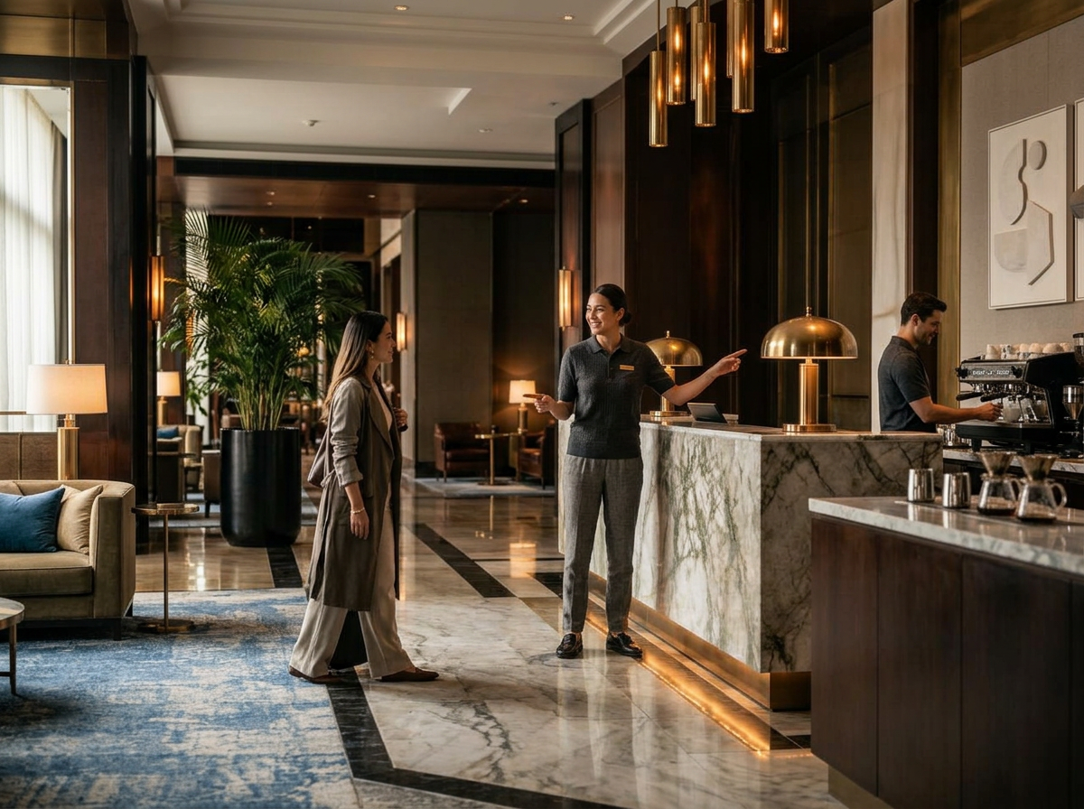 Elegant hotel lobby with a concierge at the marble reception desk